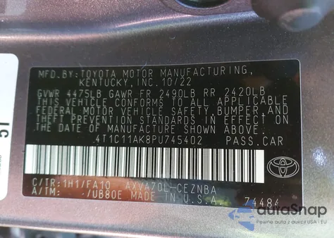 2023 Toyota Camry Le из США, поврежденный, VIN 4T1C11AK8PU745402